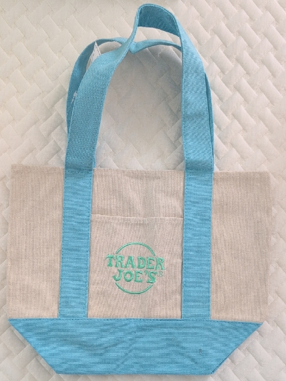 TRADER JOE'S Mini Pastel Canvas Tote Bag Light Blue Trim - Picture 2 of 8